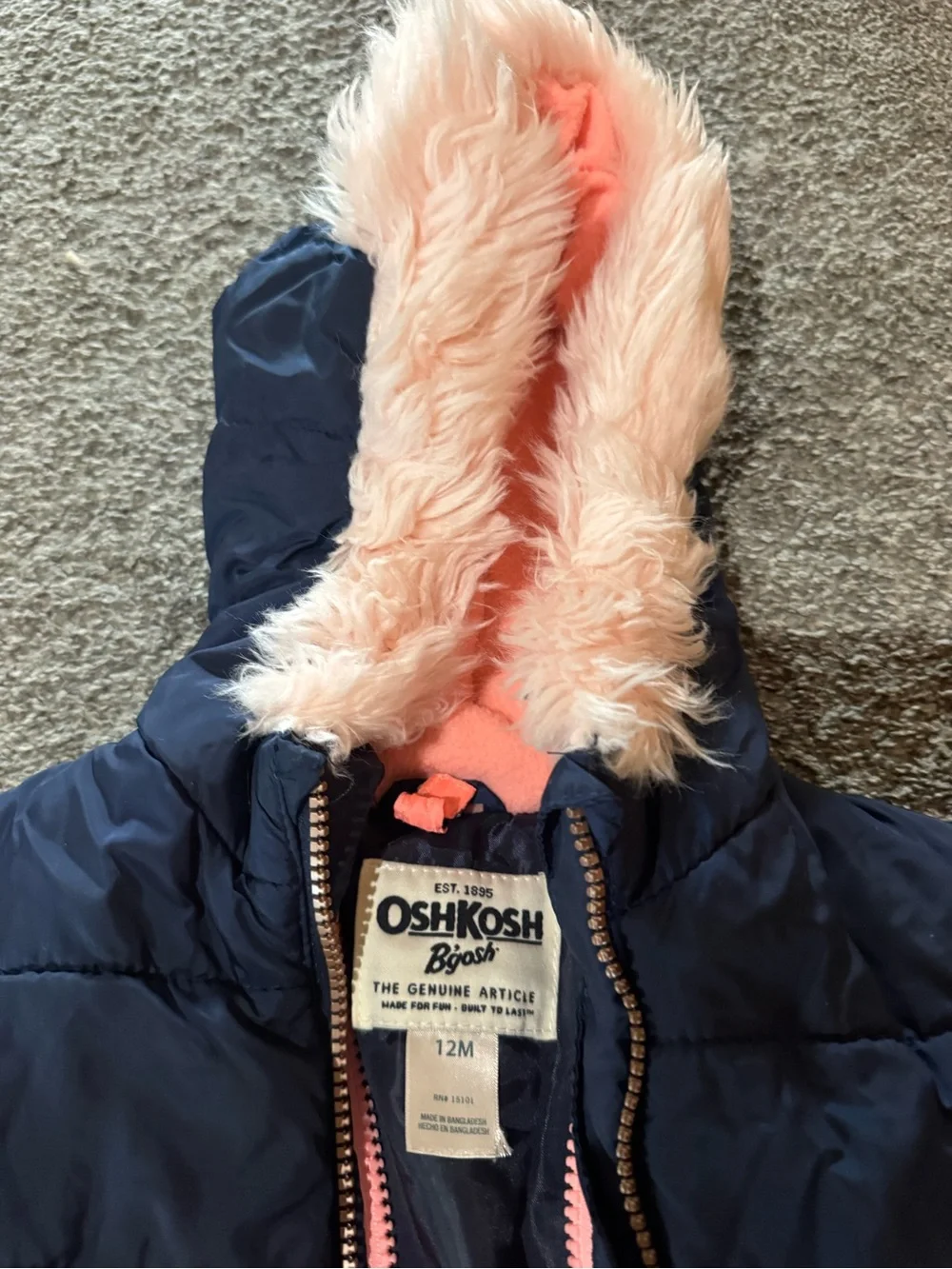 OshKosh B'gosh Navy Puffer Jacket with Pink Faux Fur Hood Trim